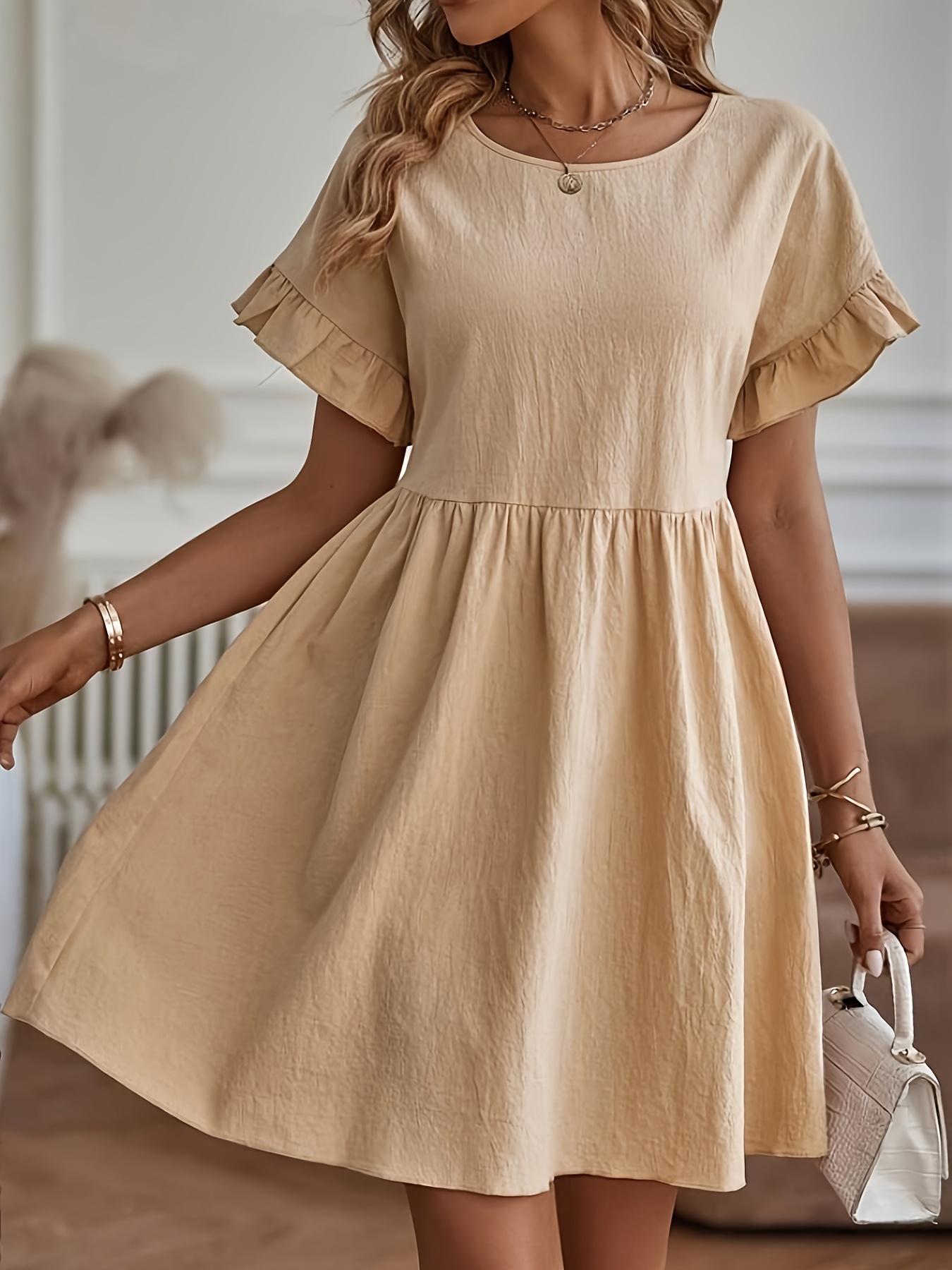Slim Waist Ruffle Dress Cute Solid Sleeveless Dress A Collar - Temu