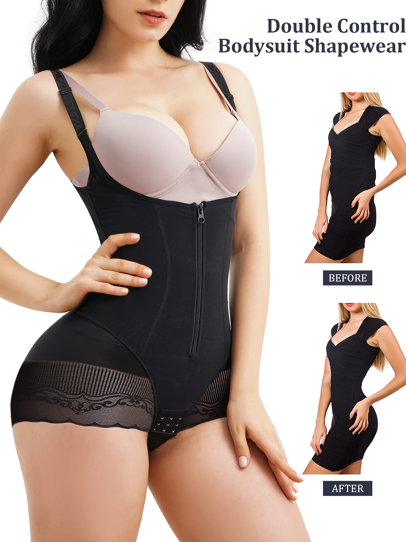 Contrast Lace Shaping Bodysuit Tummy Control Slimming Zip - Temu Canada