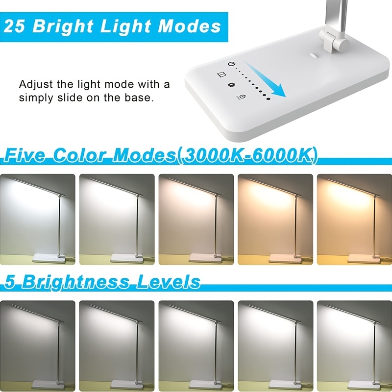 Lámpara de escritorio LED: lámpara de mesa LED regulable, 3 colores y 5  niveles de brillo