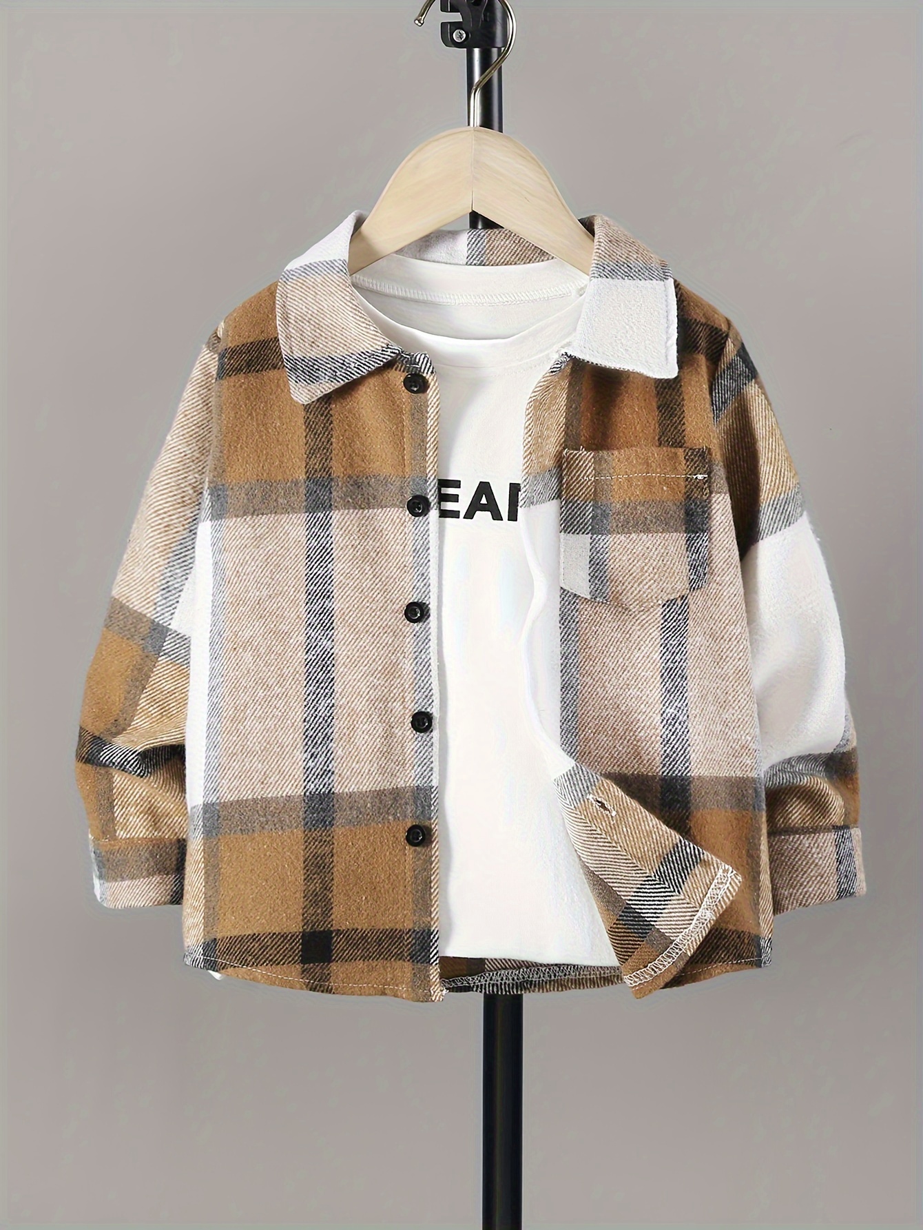 Kid's Khaki Plaid Pattern Jacket Preppy Style Button Front - Temu