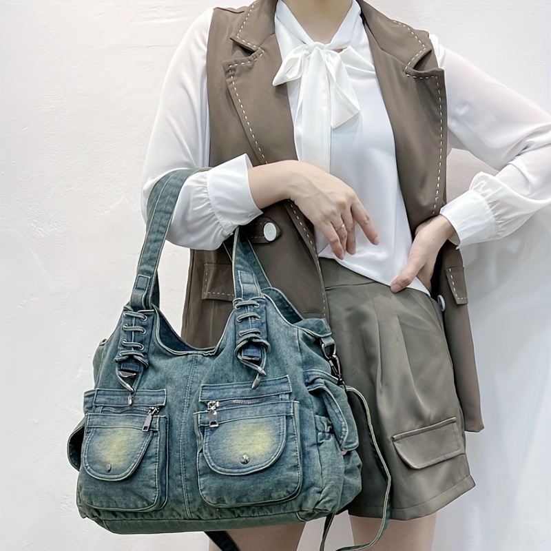 Womens Stylish Denim Shoulder Bag Trendy Hobo Bag Y2k Zipper Bag