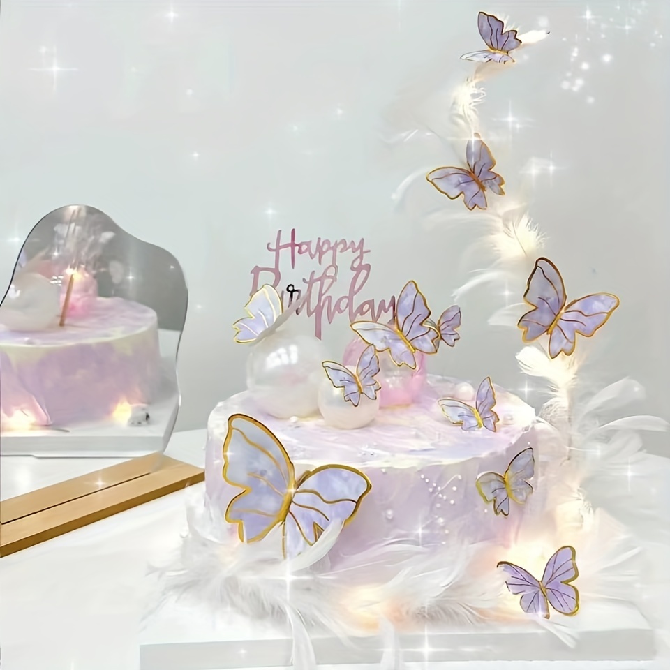 10 pçs roxo rosa borboleta bolo decoração feliz aniversário bolo