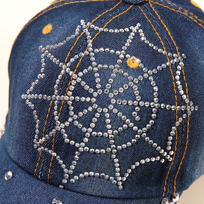 Rhinestone Spider Web Baseball Cap Blue Denim Washed Hip Hop Sun Hat Y2K  Trendy Dad Hats For Women