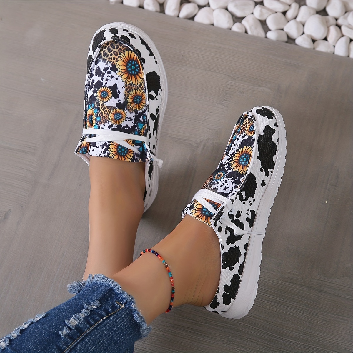 Sunflower & Cow Pattern Mule Sneakers Lace Up Shoes