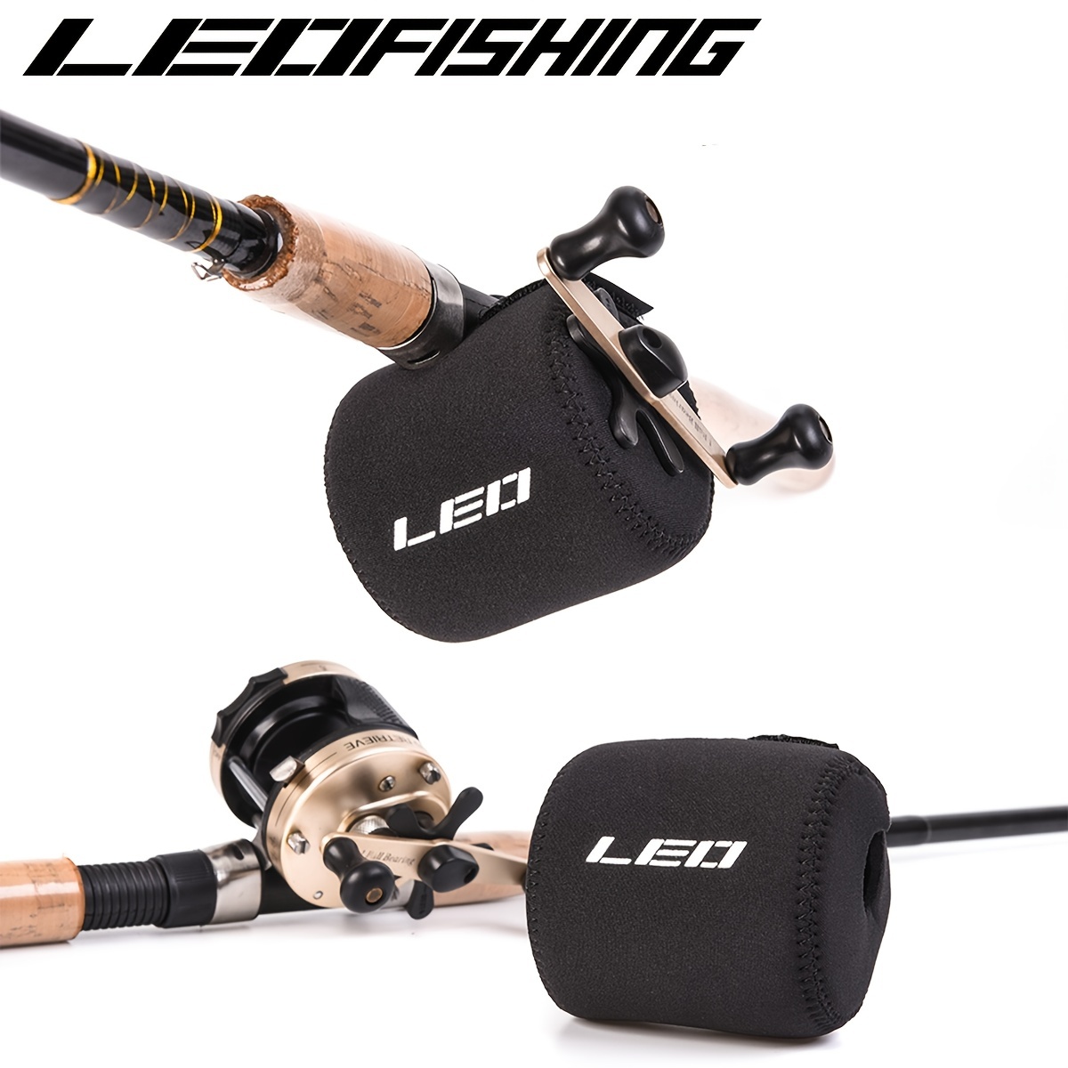 LEOFISHING Neoprene Baitcasting Reel Cover - Left/Right Handed Ambidextrous  - Black/Blue - Protects Reel from Damage and Corrosion