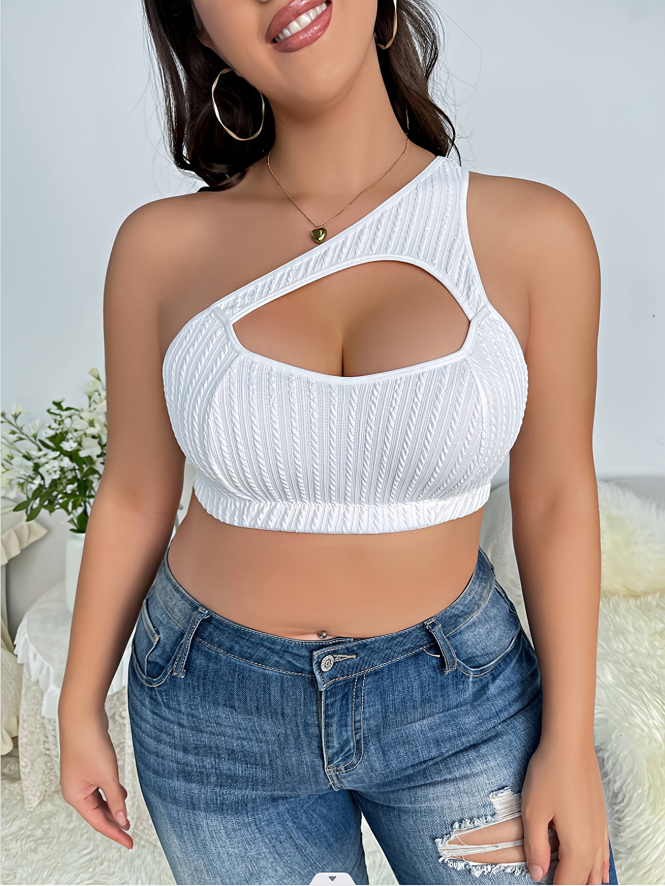 Plus Size Sexy Bra Women's Plus Solid Cable Knit Cut Front - Temu