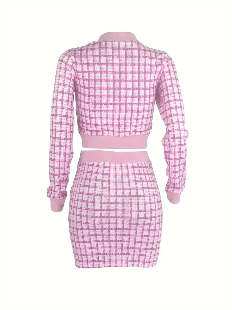 elegant plaid matching two piece set crop zip up jacket bodycon skirt outfits womens clothing details 51