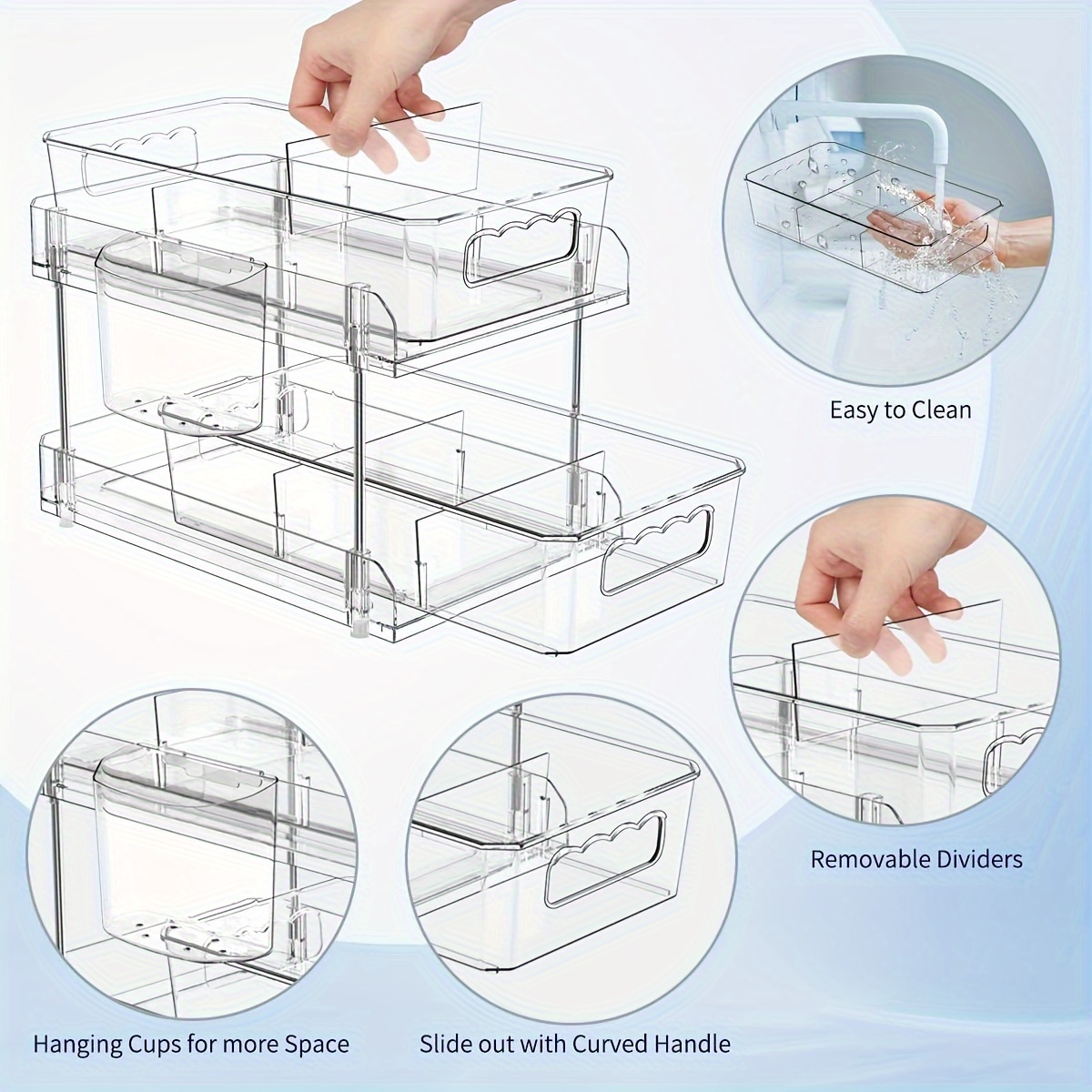 2 Tier Slide Out Under Sink Organizers and Storage with Removable Dividers  - Undersink Cabinet Drawers for Bathroom, Kithcen Cleaning and Organization