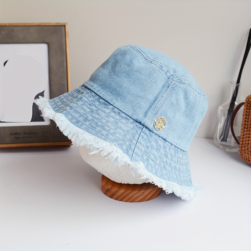 Classic Blue Denim Bucket Hat Trendy Washed Distressed Casual Basin Hats  Breathable Fisherman For Women - Temu