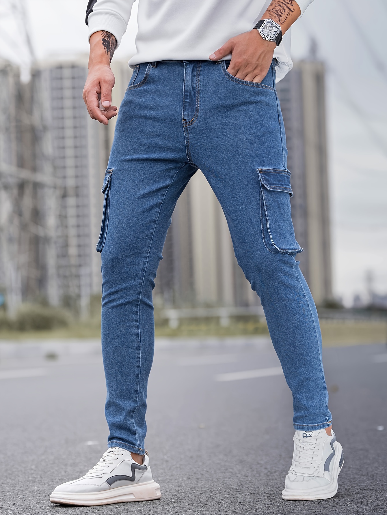 Men's Multi Pocket High Stretch Cargo Jeans - Temu