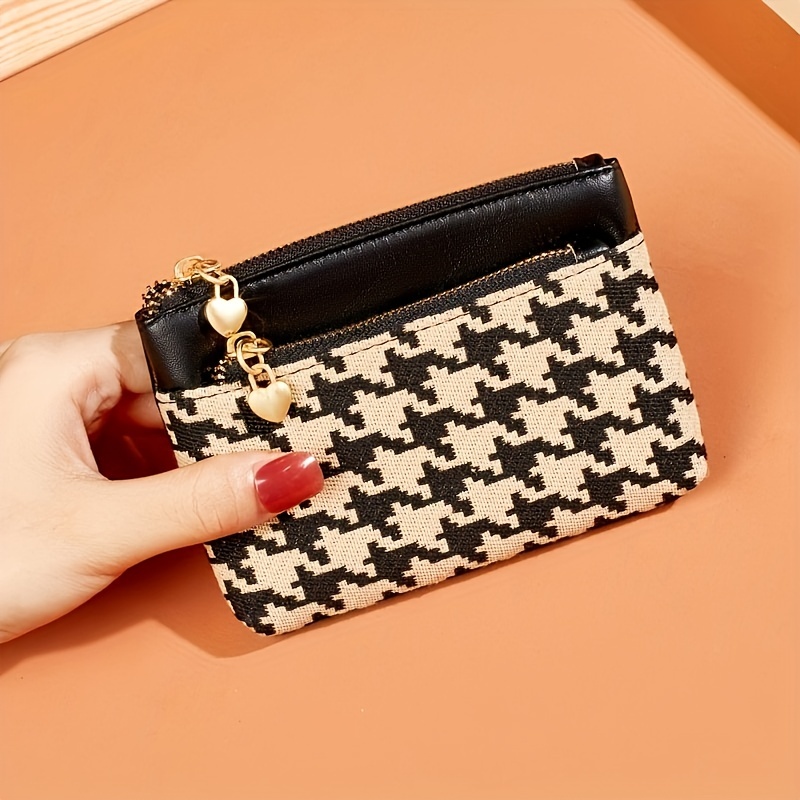 Women's Houndstooth Heart Shape Canvas Zipper Coin Purses