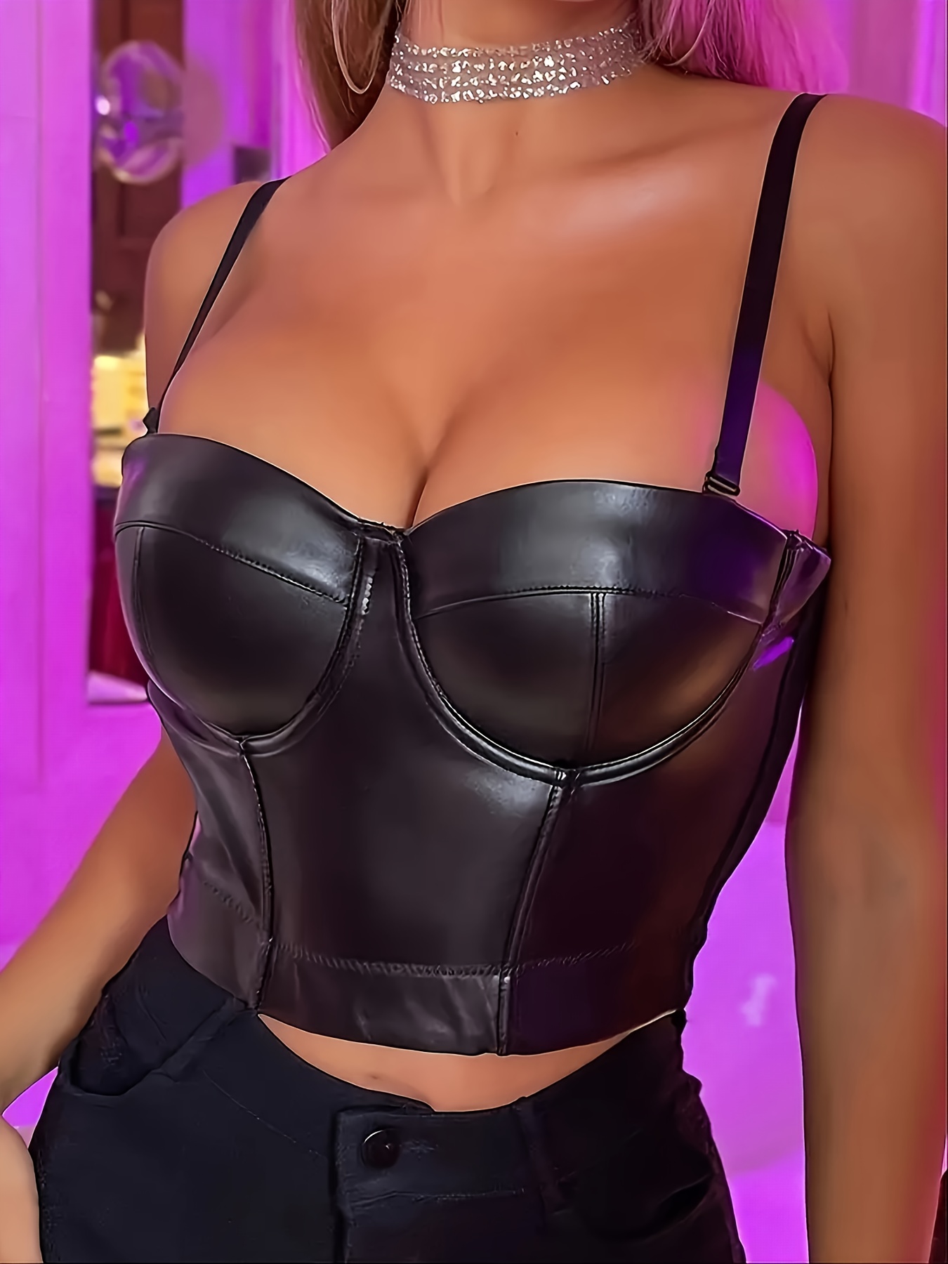 MISS MOLY Womens PU Leather Bustier Crop Top Gothic Punk Push Up Women's  Corset Top Bra