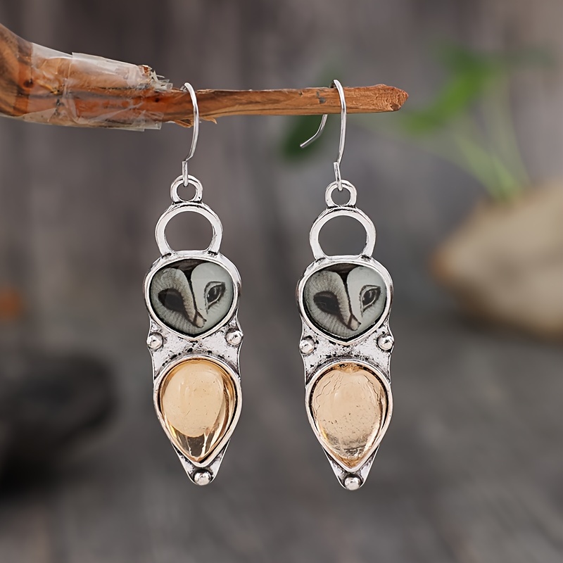 vintage owl design synthetic gems inlaid dangle earrings bohemian party style alloy jewelry creative female earrings silvery 5