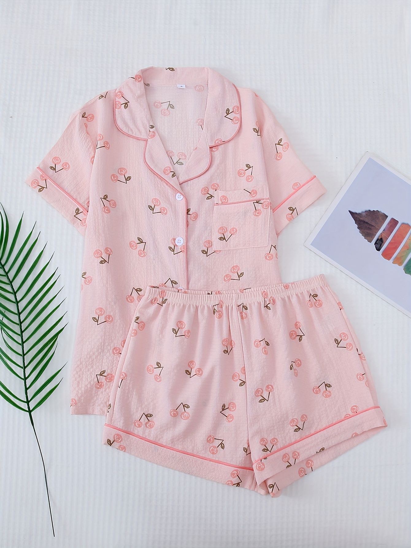 Cherry Print Pajama Set Sweet Cute Lapel Buttons Top Bow - Temu