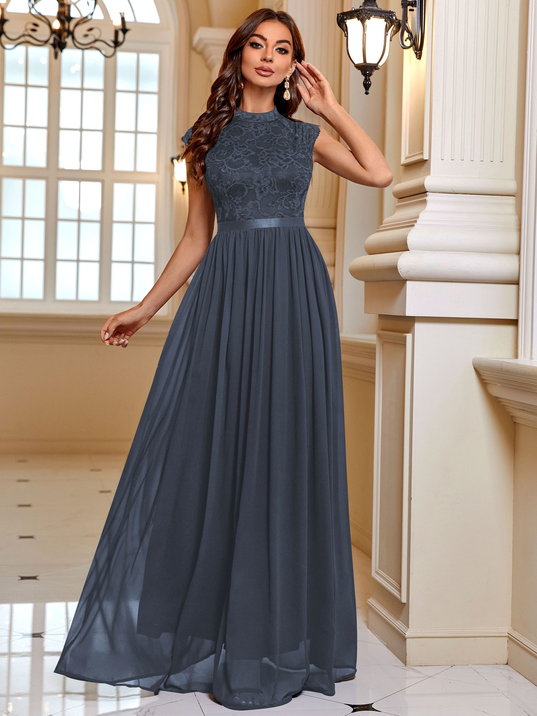 Color Block Contrast Lace Dress Elegant Long Sleeve Maxi - Temu