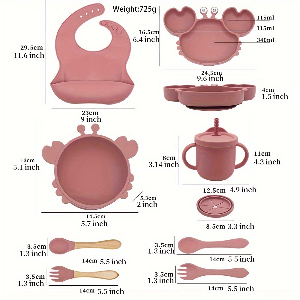 Juego De Vajilla De Silicona De Grado Alimenticio Para Bebés Plato De  Chupar Taza De Merienda Cuchara Tenedor Mango De Madera Babero