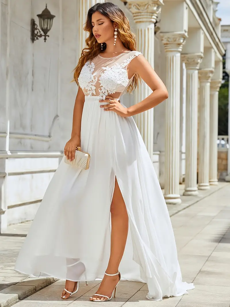 Lace Applique Mopping Wedding Dress, Elegant Sleeveless Crew Neck Split  Thigh Dress For Wedding Party, Women's Clothing