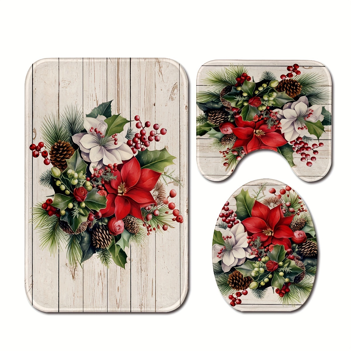 Christmas Pine Needles Flower Pattern Bathroom Rug, Bath Mats Set For  Bathroom, No Silp Washable Cover Floor Rug, Decorations For Bathroom  Bedroom, Set Includes Bath Rug, Contour Mat, And Toilet Lid Cover