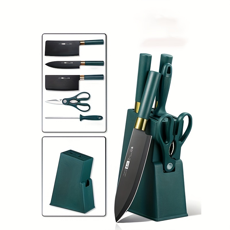 Household Rust-proof Black Blade Vegetable Cutting Knife, Full Set, Kitchen  Stainless Steel Vegetable Meat Knife Set [kitchen Knife + Bone Knife +  Kitchen Scissors + Sharpening Stick + Plastic Dark Green Knife Holder] -  Temu