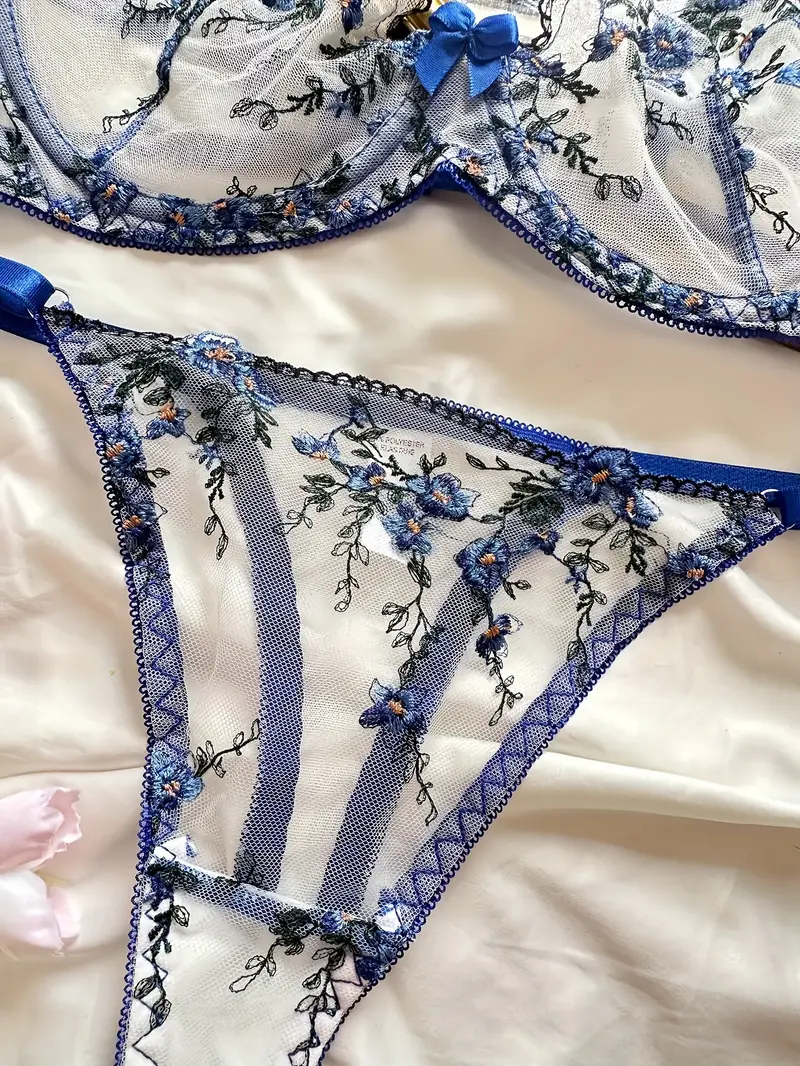 floral embroidery lingerie set mesh unlined bra sheer thong womens sexy lingerie underwear details 1