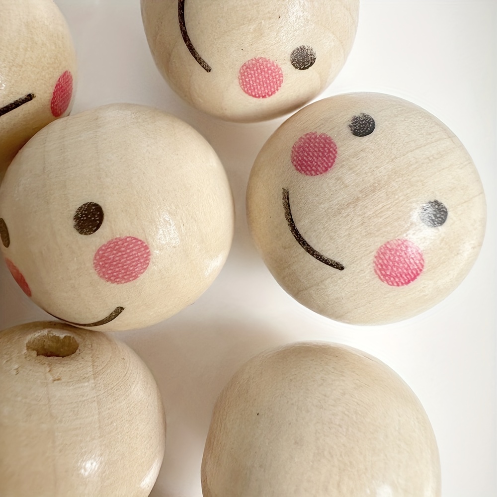 50Pcs Round Wooden Smile Face Beads Wood Loose Beads Round Spacer