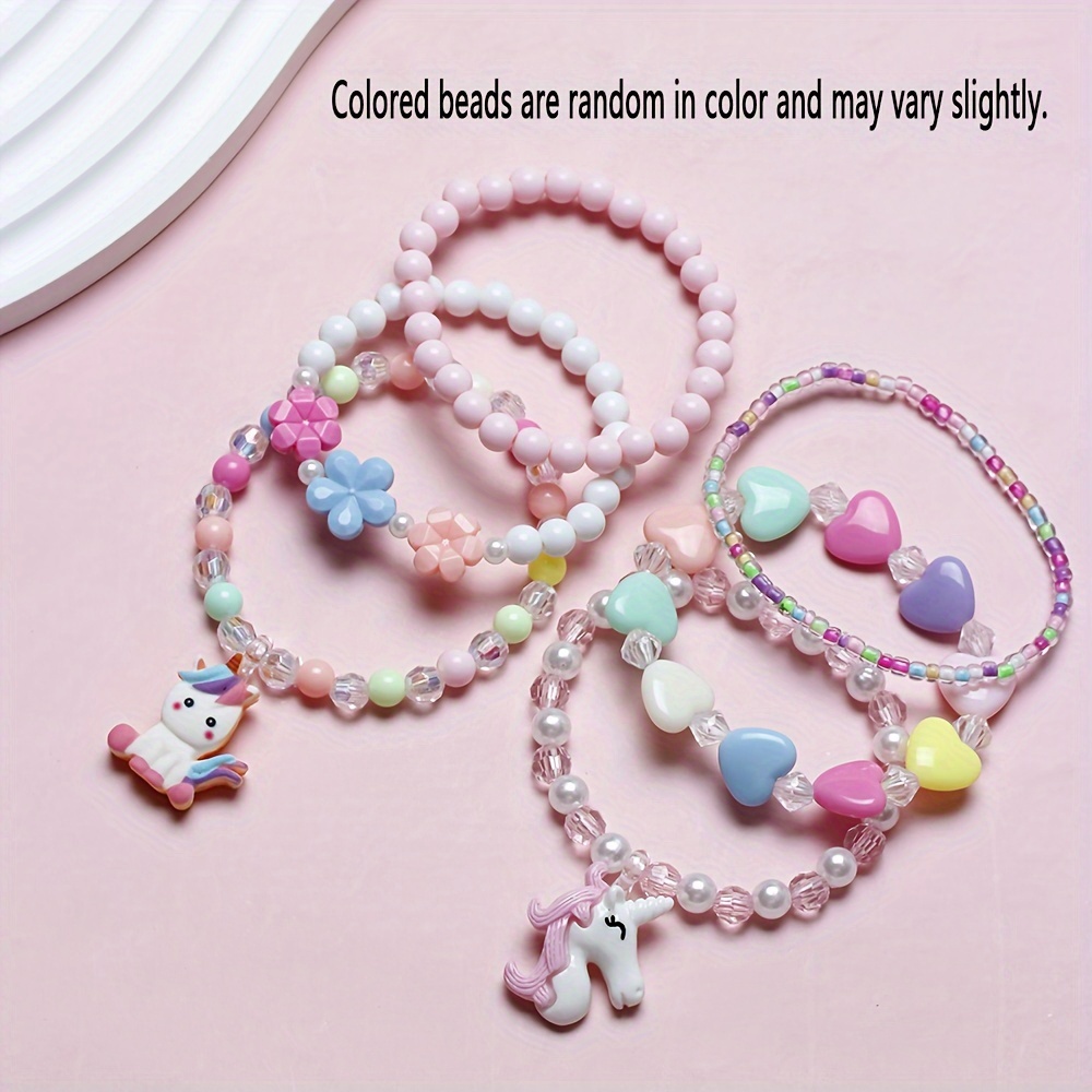 4pcs/set Girls' Cute Flower & Peach Heart & Charm Beaded Bracelets,  Colorful Random