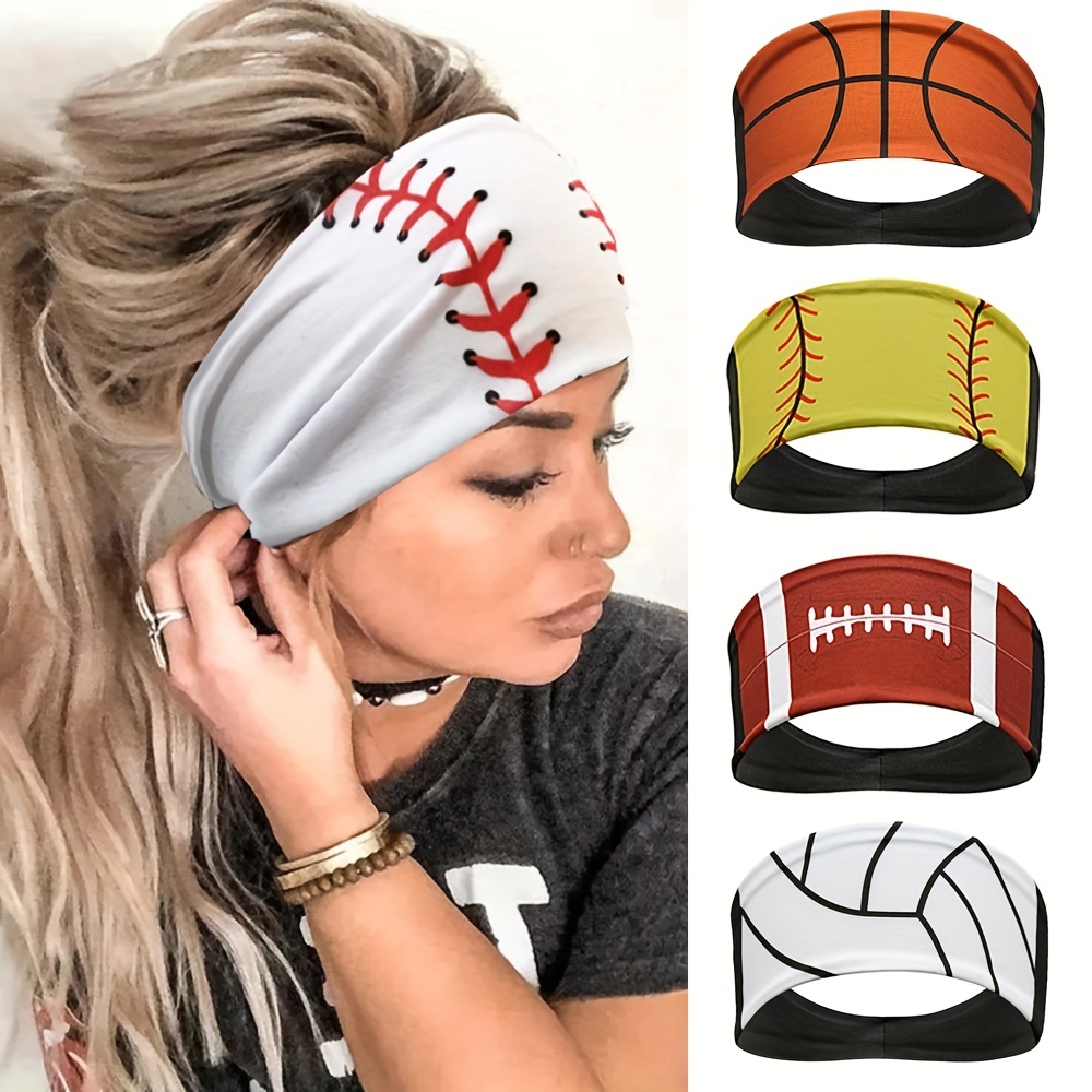 

Football/basketball/volleyball/softball Pattern Sports Headband, Sporty Style Stretchy Anti-slip Sweat-absorbing Yoga Fitness Workout Hairband For Women