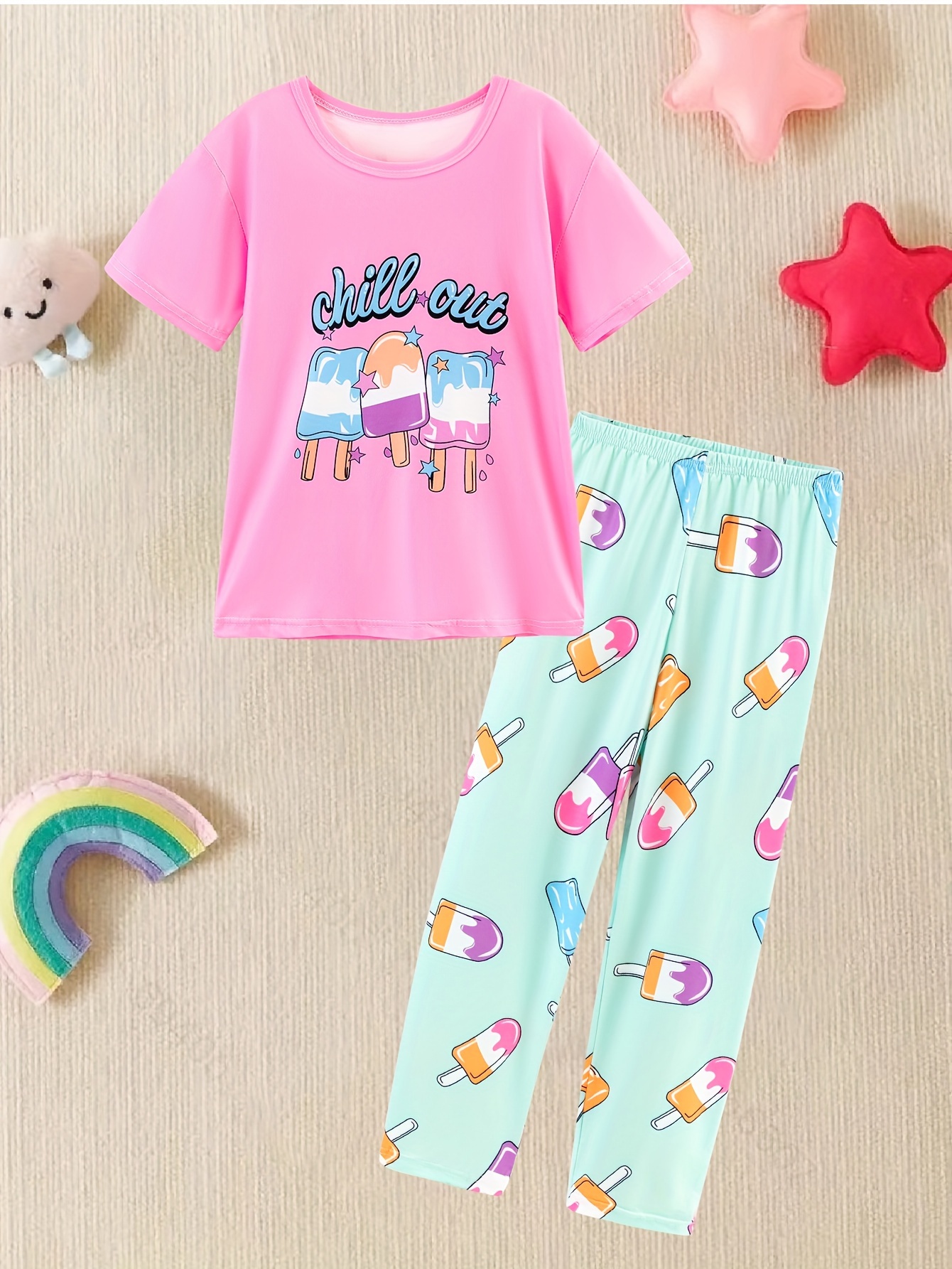 Summer Cute Crown Print Pajamas Short Sleeve Tee Top Pants - Temu
