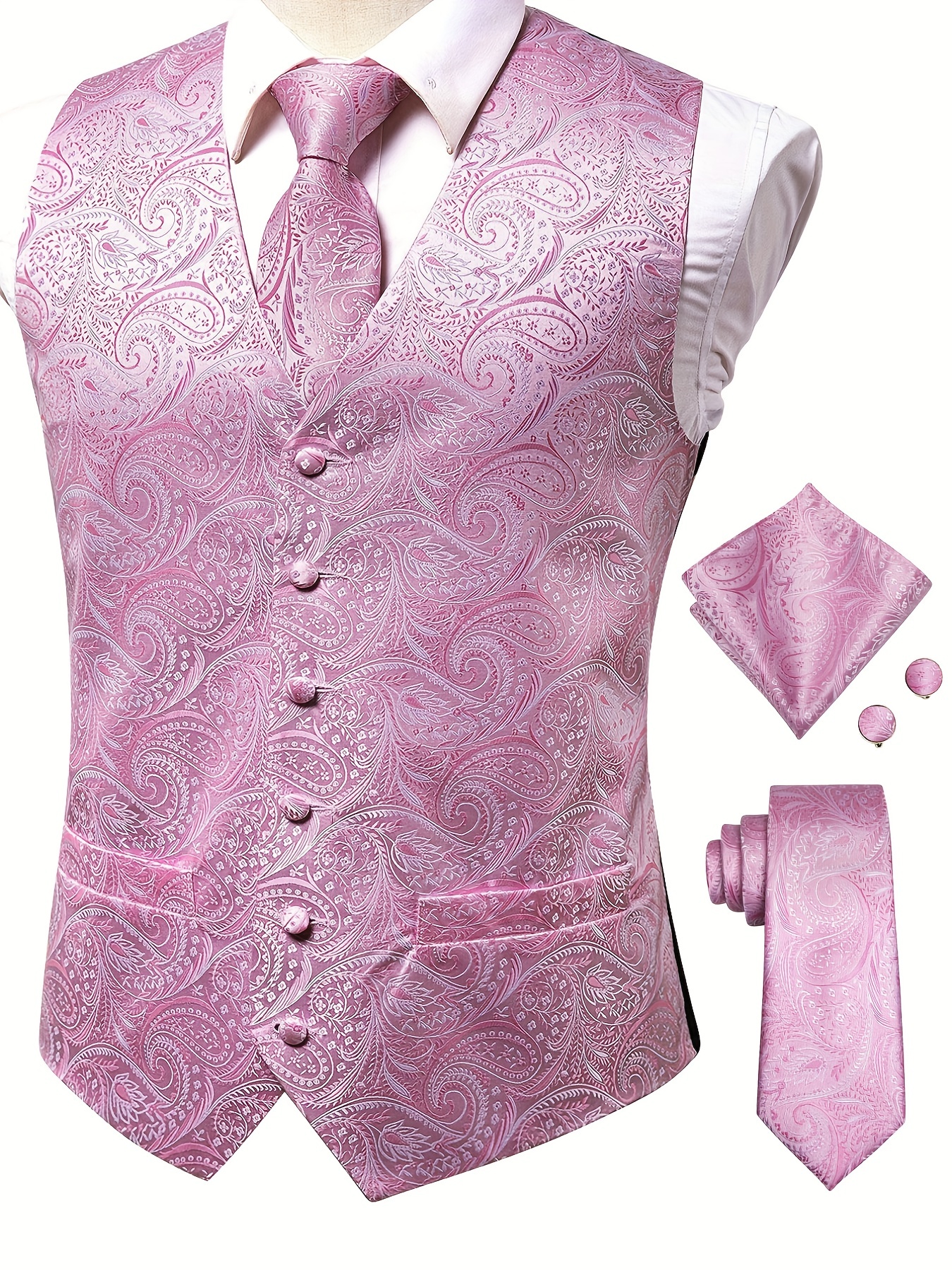  Chaleco de seda tejida para hombre, chaleco rosa, conjunto de  gemelos para hombre, vestido de esmoquin para boda, negocios, ajuste  ajustado (color rosa, talla XL) (rosa L) : Ropa, Zapatos y