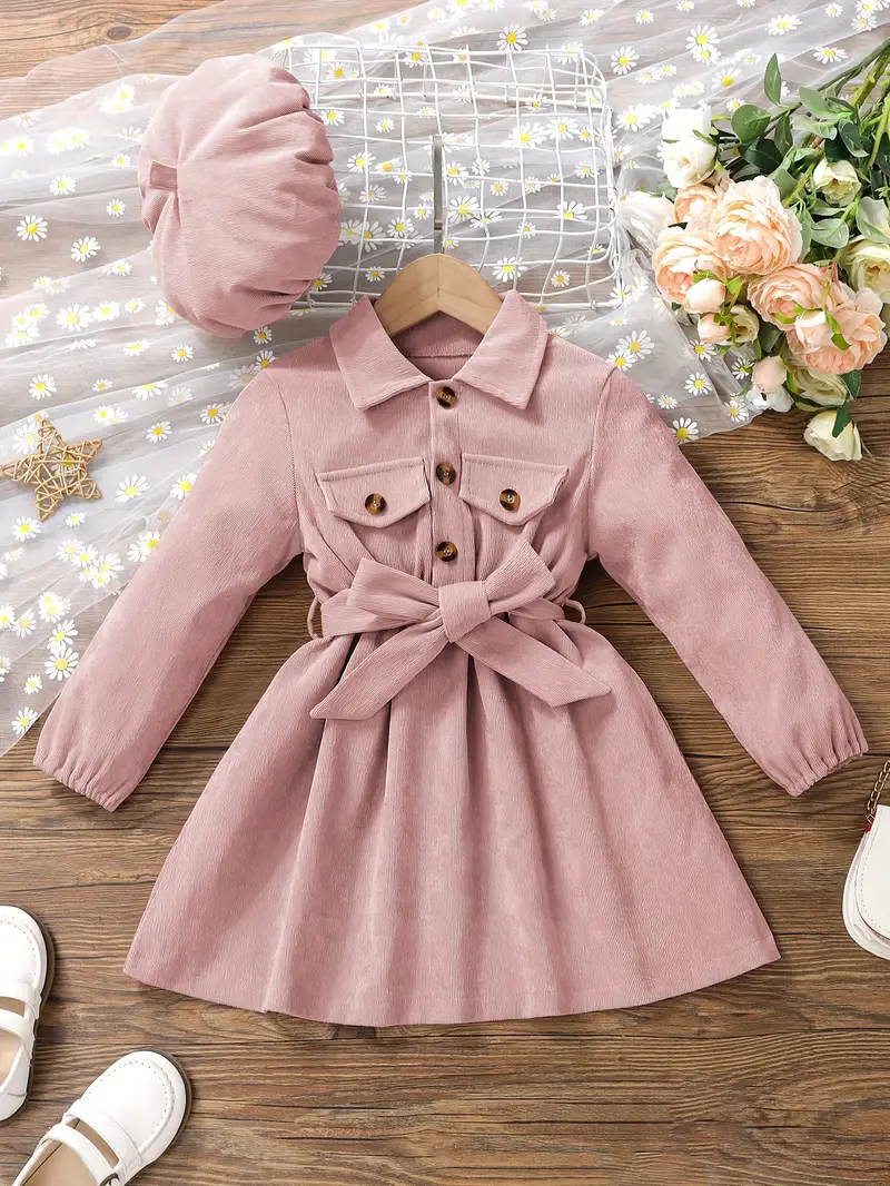 girls casual dress corduroy button front collar neck dresses with belt and hat set trendy kids autumn outfit details 16
