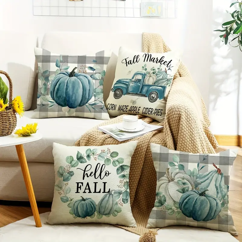 4pcs, Fall Pillow Covers 18x18 Set Of 4, Hello Fall Pillows Decorative  Throw Pillow Covers Outdoor, Blue Pumpkin Autumn Pillow Cases Thanksgiving  Fall