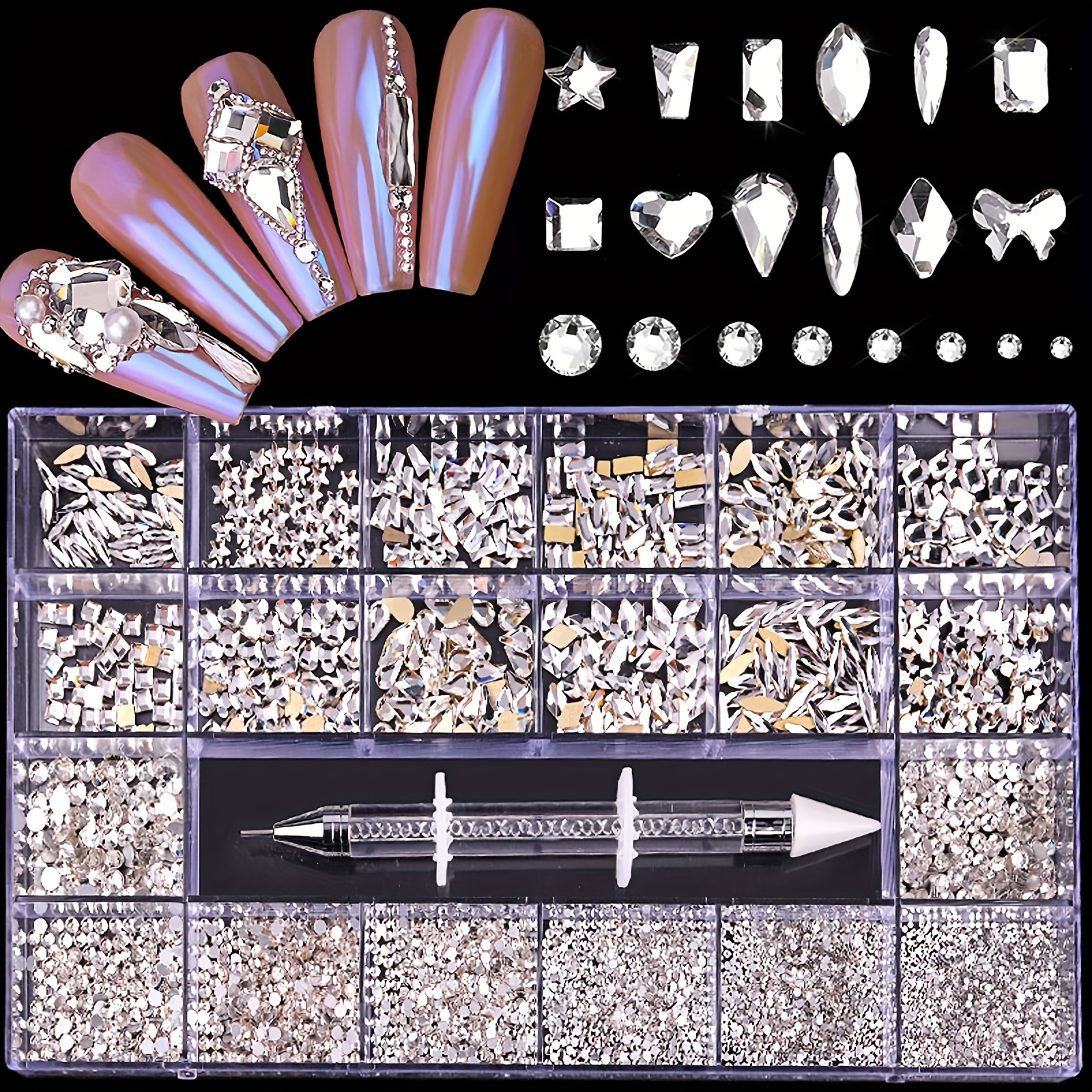 

21grid, Flat Back Nail Art Rhinestones For Diy Or Nail Salon, Mixed Shaped Crystal Nail Art Gemstones Set With Drill Pen