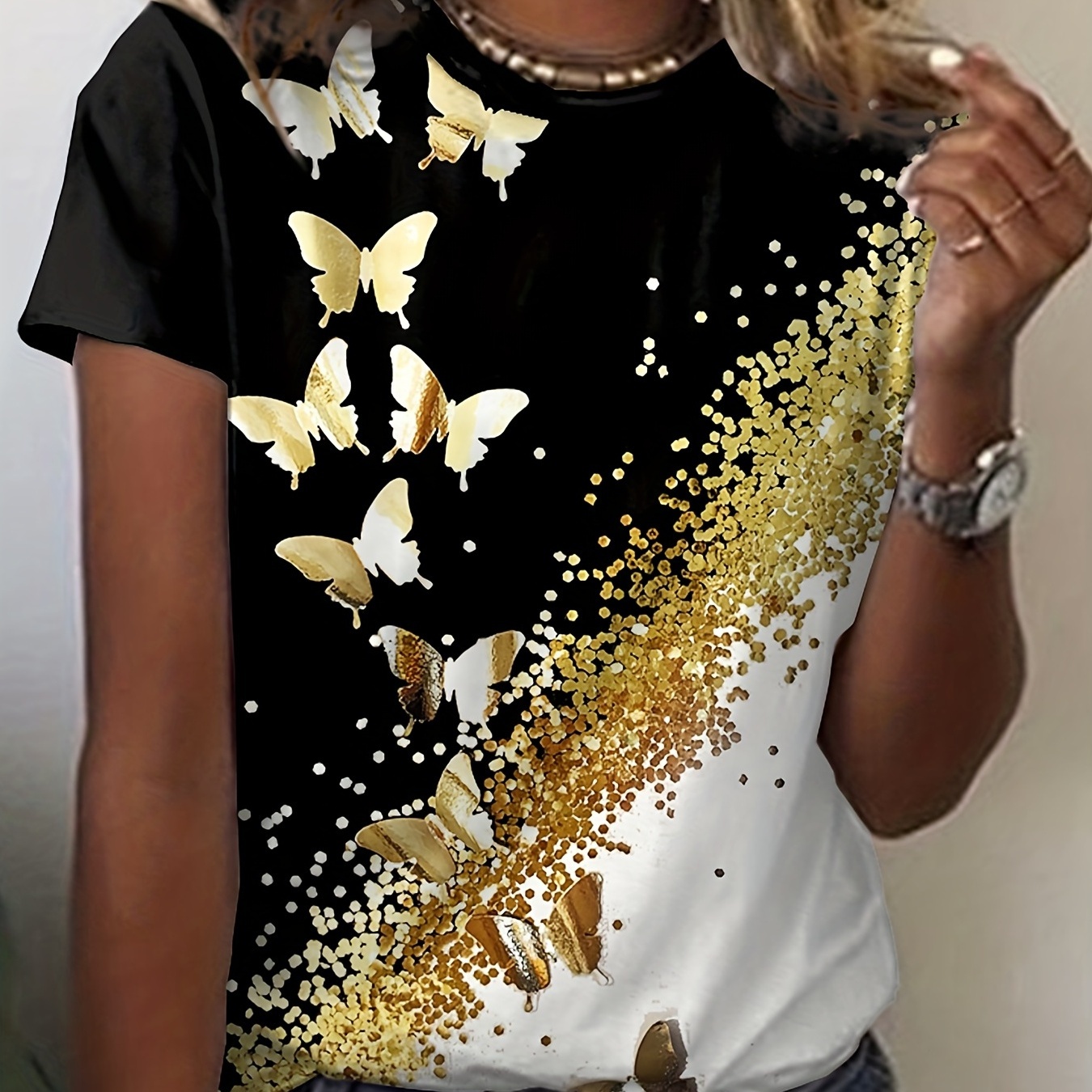 

T-shirt à col rond imprimé papillon, T-shirt décontracté à manches courtes pour le printemps et l'été, Vêtements pour femmes