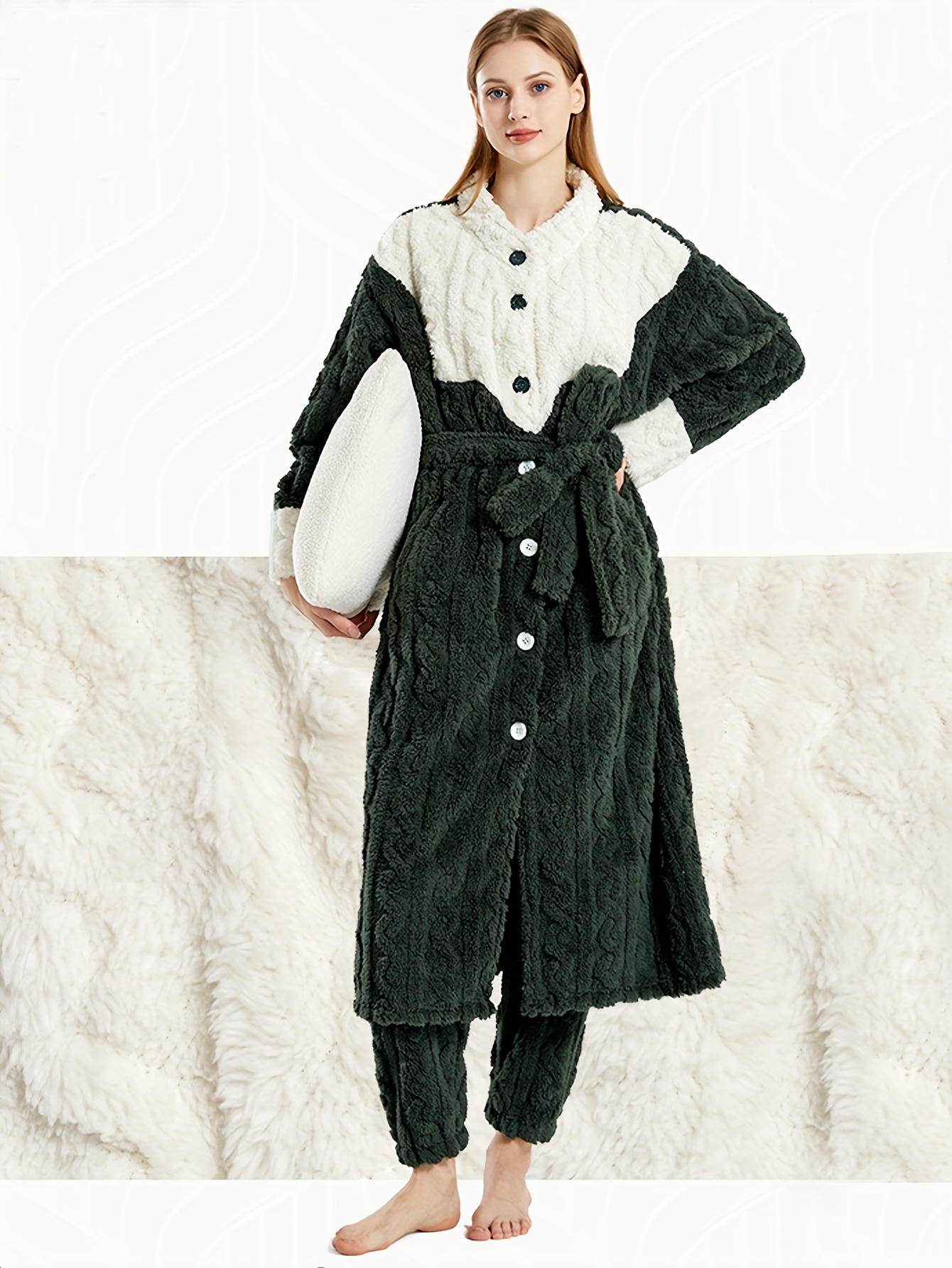 Elegant Colorblock Fleece Thickened Pajama Set Long Sleeve - Temu