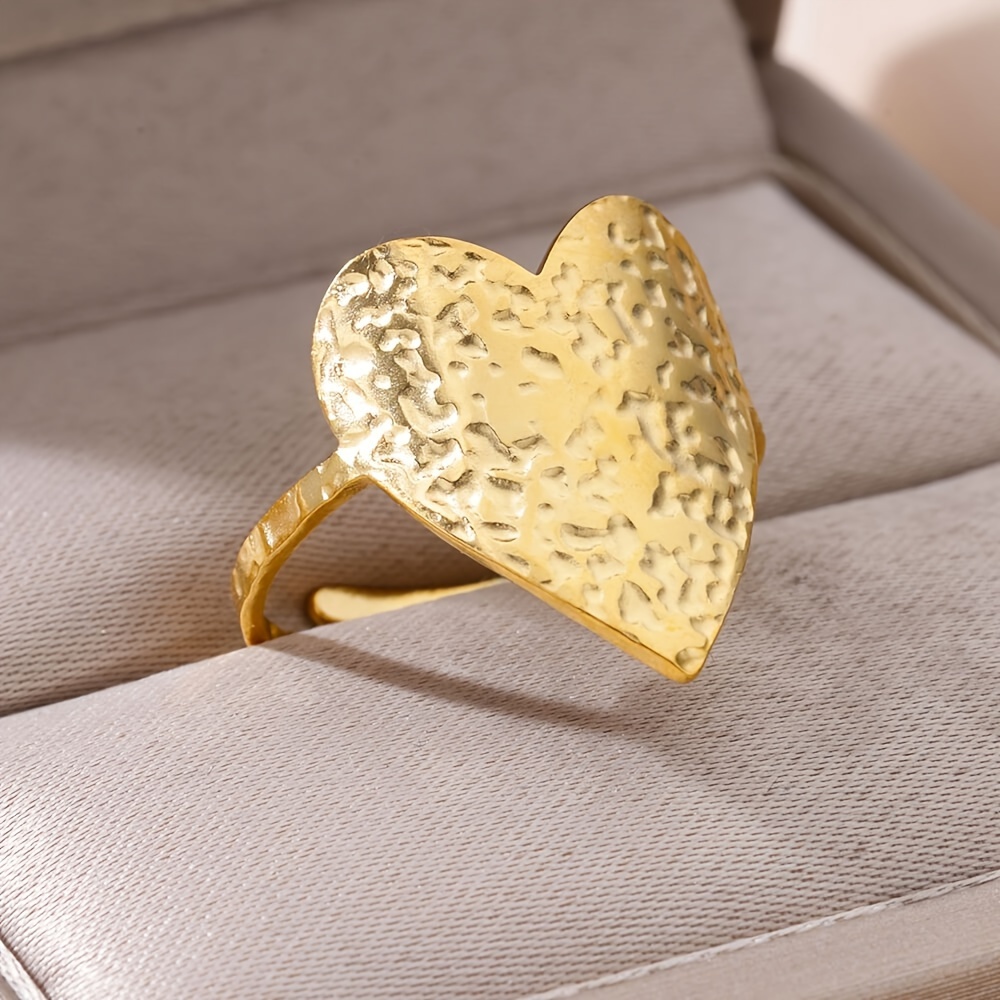 

Vintage-inspired Golden-tone Stainless Steel Adjustable Love Heart Ring With Textured Surface - Ideal Women's Gift, & Stylish Accessory For Casual Attire, Heart Jewelry