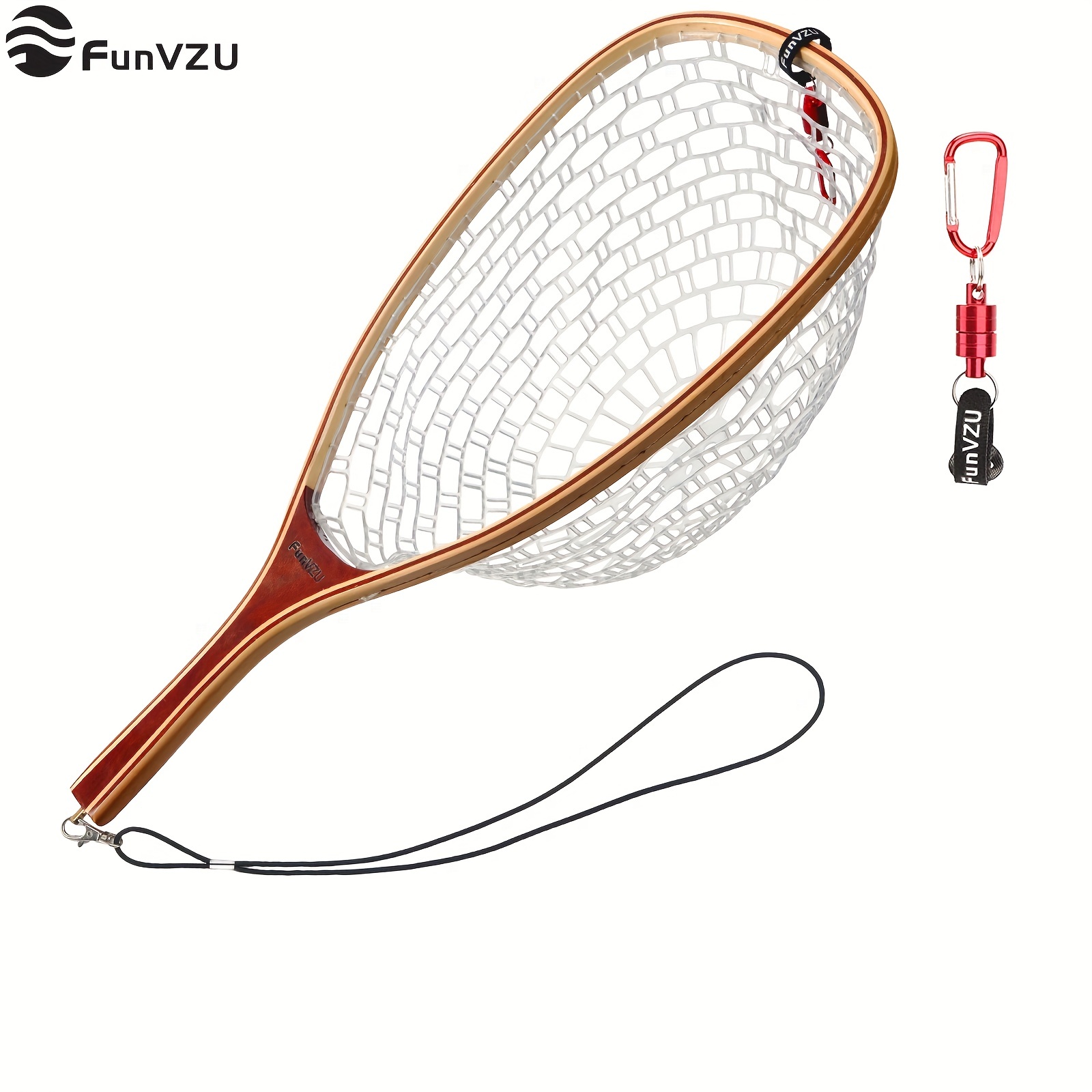 FunVZU Fly Fishing Trout Net - Magnetic Release, Soft Rubber Mesh, Wood  Handle, Safety Cord and Copper Swivel