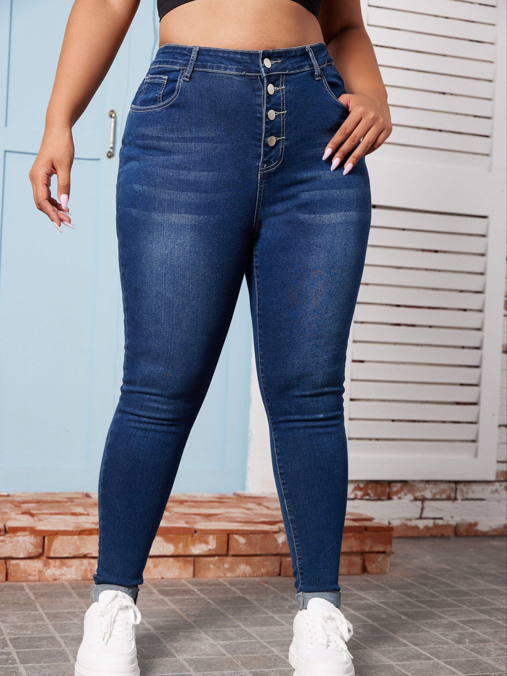 Plus Size Casual Jeans Women's Plus Washed Button Fly Rolled