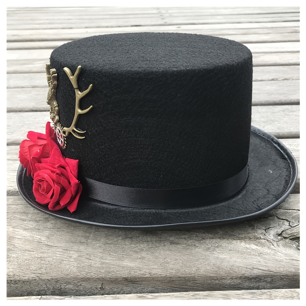 Red Rose Deer Antlers Top Hat Black Vintage Victorian Style Halloween Jazz Hats Steampunk Fedoras Costume Party Accessories For Women Men - Click Image to Close