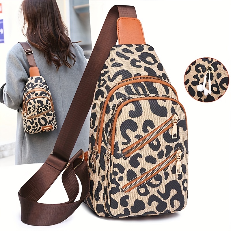 Fashion Leopard Pattern Sling Bag, Retro Zipper Front Chest Purse, Multi Pockets Crossbody Bag For Travel Sports Cycling