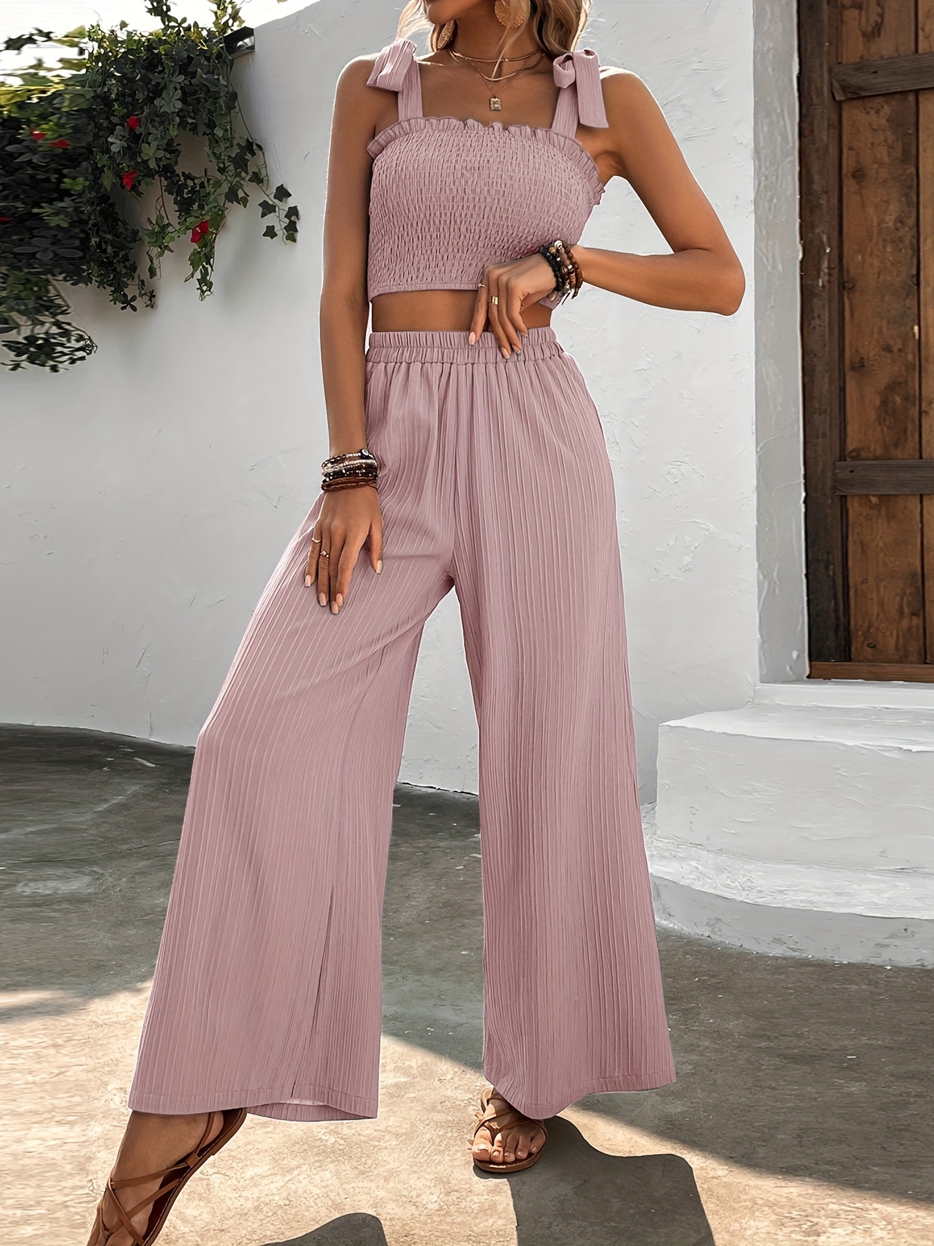 Casual Shirred Crop Tank Top & Wide Leg Pants Set