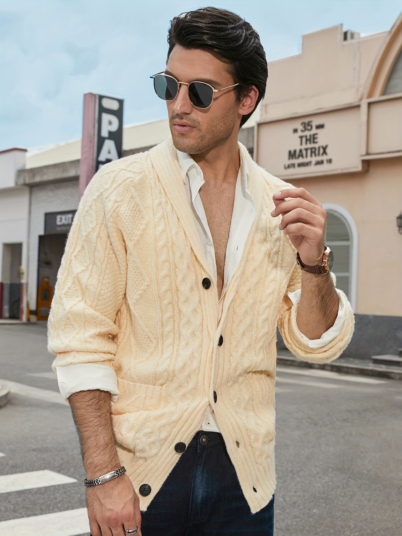 Elegant Slightly Stretch Retro Cable Cardigan Men's Casual - Temu