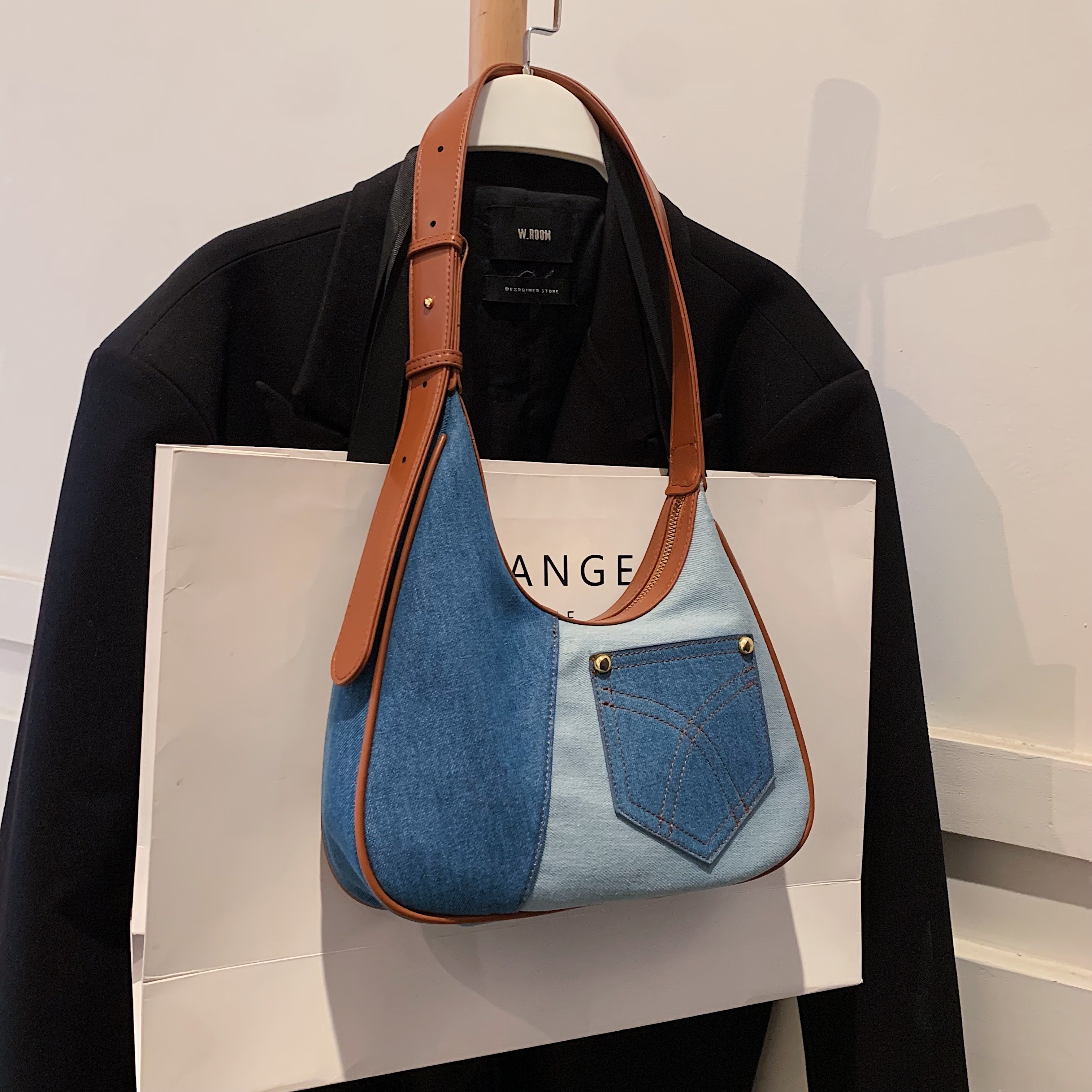 Denim Colorblock Design Shoulder Bag Trendy Underarm Bag All Match Stylish  Armpit Bag, Free Shipping For New Users