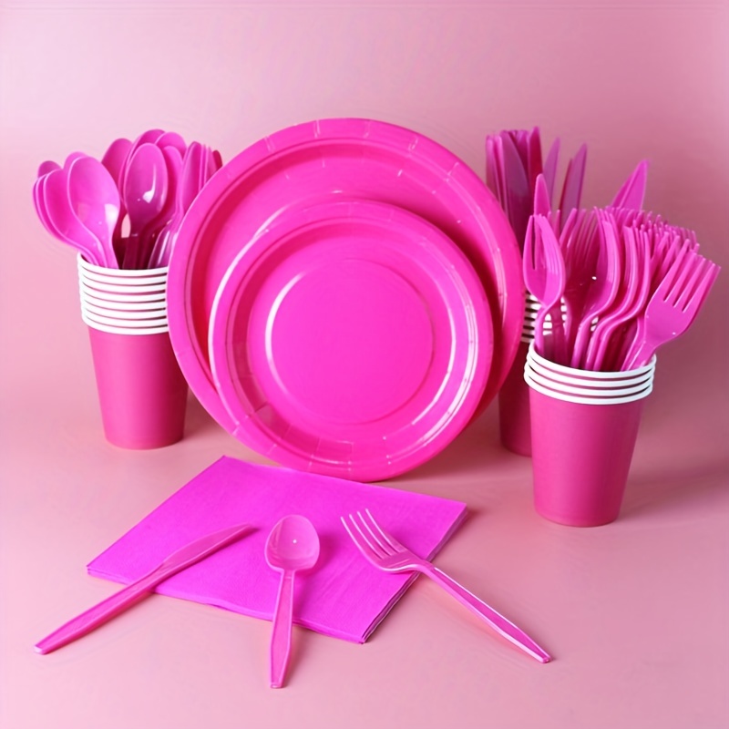 Suministros de fiesta rosa y dorado, juego de vajilla desechable de 350  piezas, platos de papel rosa, servilletas, vasos, tenedores de plástico