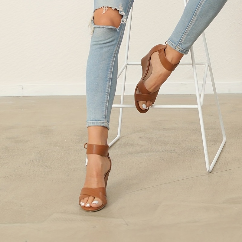 Women's Wedge Sandals Open Toe Cross Strap Back Zipper Shoes - Temu Canada