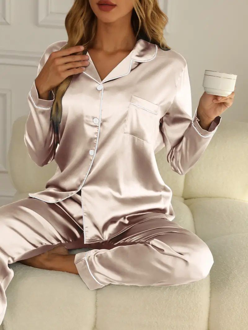 Solid Pajama Set Long Sleeve Button Lapel Top Pants Pj Set - Temu