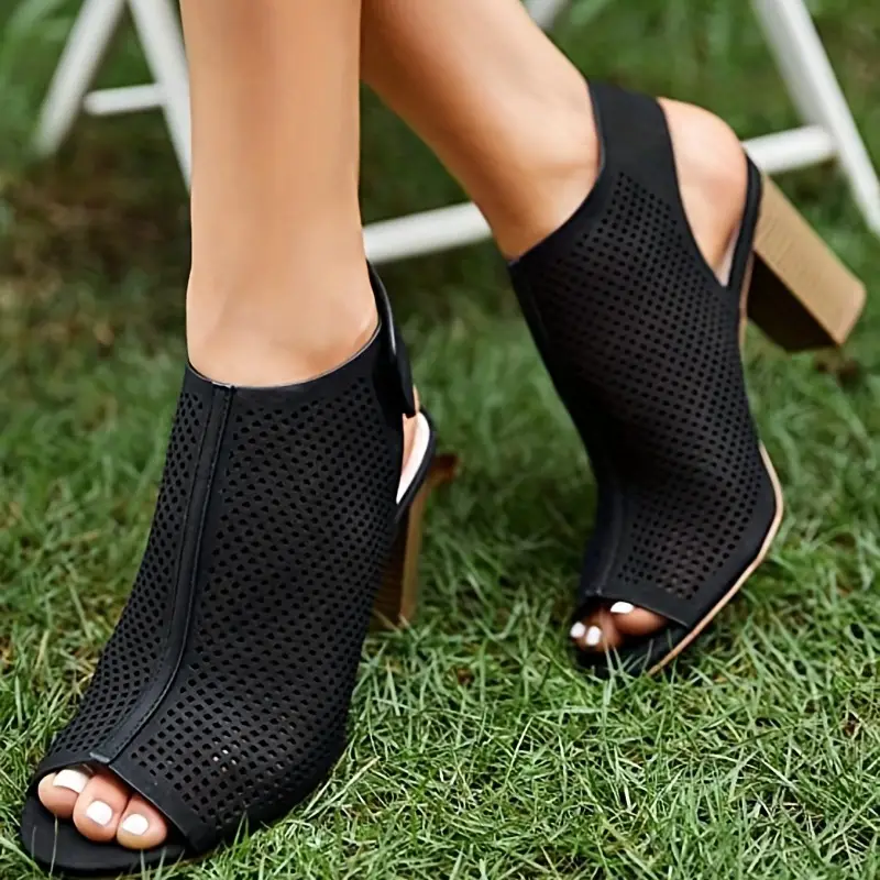 Women's Peep Toe Block Heels Perforated Solid Color - Temu