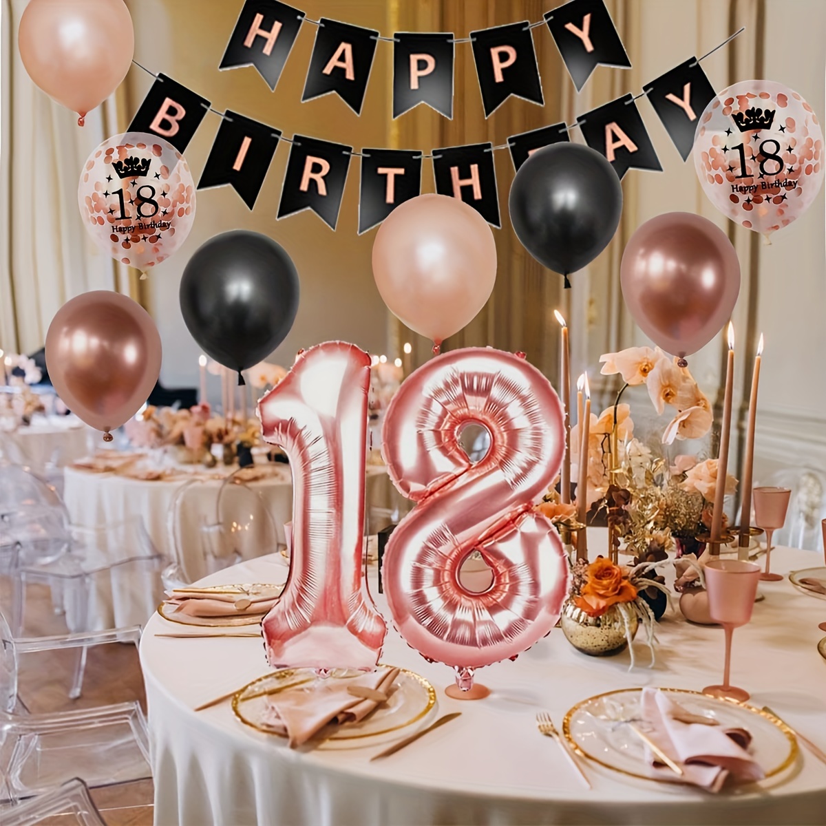 Decoraciones de cumpleaños de 18 años para niñas, pancarta de feliz  cumpleaños rosa y negro con números de 18 globos de cumpleaños de 18 años