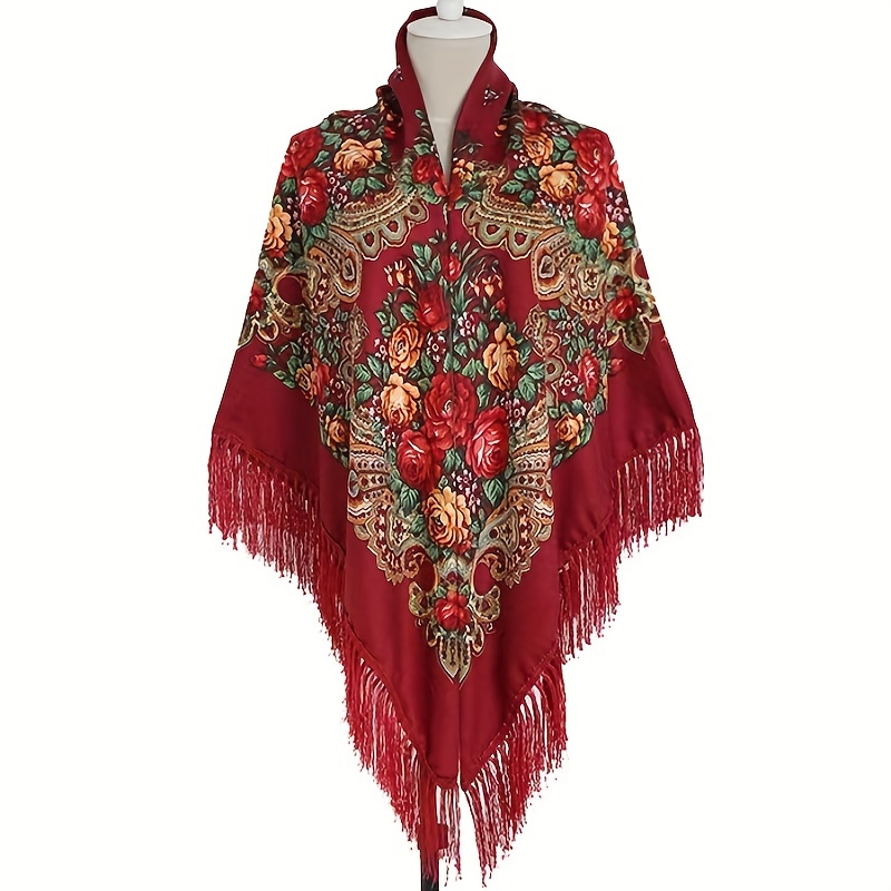 Fringed Ethnic Square Scarf Oversize Shawl Women's Scarf