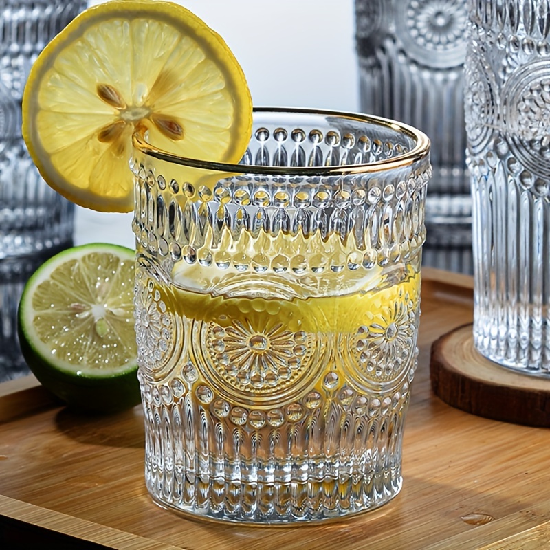 Boho Sunflower Glass Cup With Straw, Embossed Glass Water Cup