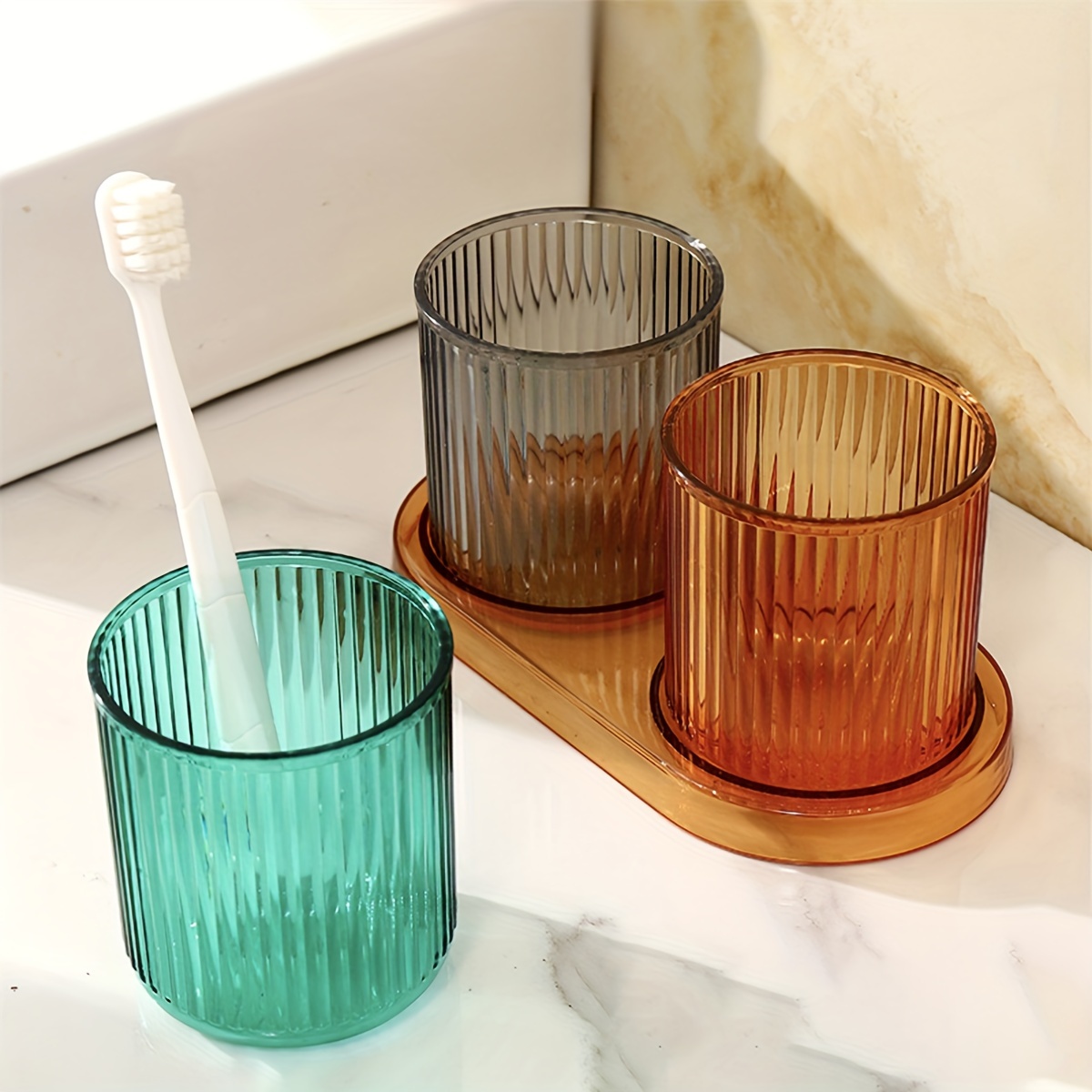 Solid Color Mouthwash Cup, Simple Couple Toothbrush Cup, Plastic Gargle  Cup, Minimalist Bathroom Tumbler With Tray, Bathroom Accessories - Temu